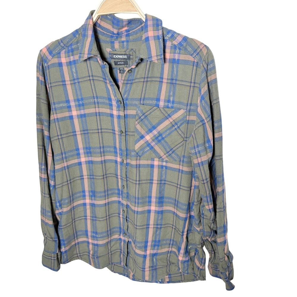 Express Boyfriend Plaid Button Down Shirt Olive Green‎ Blue Pink Gold Lurex M